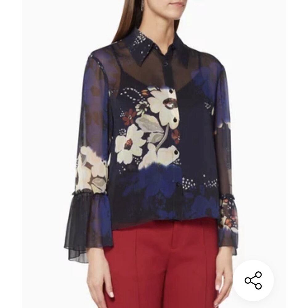 See By Chloe Floral Button Up Navy Blouse Womens 34 2 Bell Sleeve Sheer Aa14